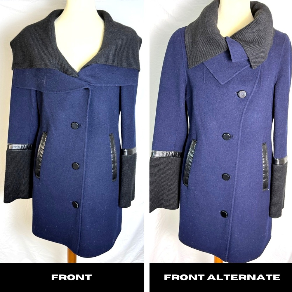 $950 Mackage Womens Isabel Wool Leather Luxury Designer Coat Size M Navy Shawl